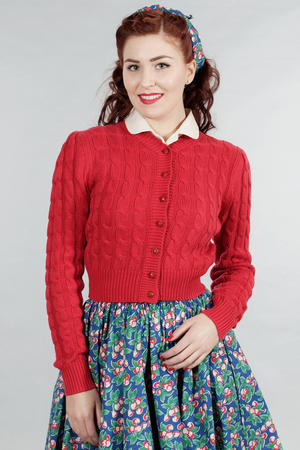 Cropped (or rather the right length?) cable knit cardigan - available in red, navy, pink, and green