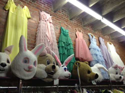 This is part of the costume section - I kind of like the idea of pairing these fluffy animal heads with vintage prom dresses, hehehehe