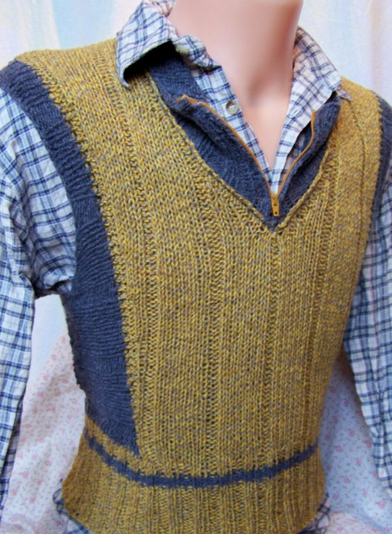 1930's style men's sweater vest, with a great V shape and clever zip top