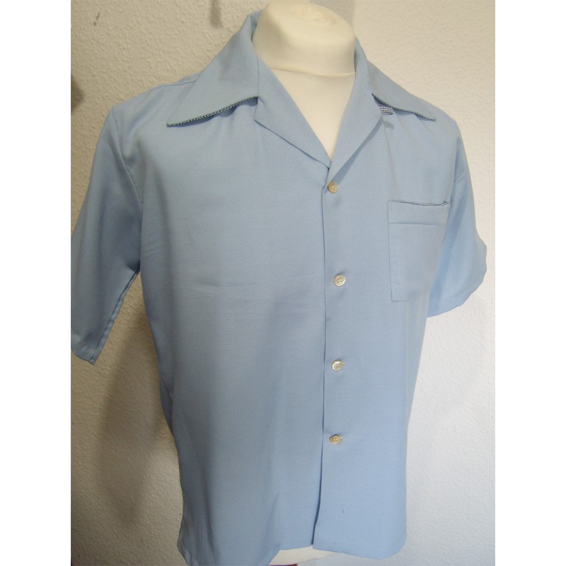 Blue rayon short sleeved shirt, check out that collar!